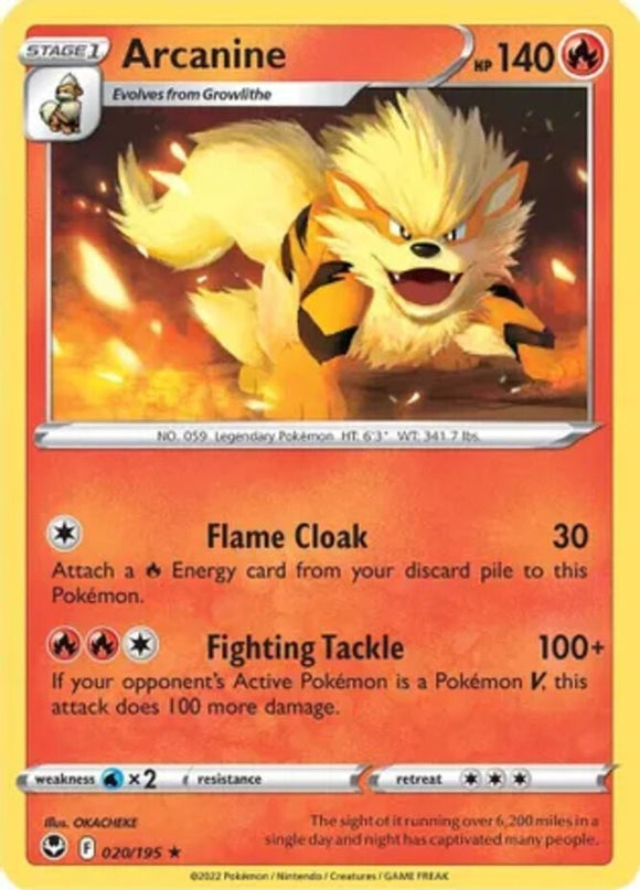 Arcanine - 020/195 - Rare - Sword & Shield - Silver Tempest NM - Pokemon TCG